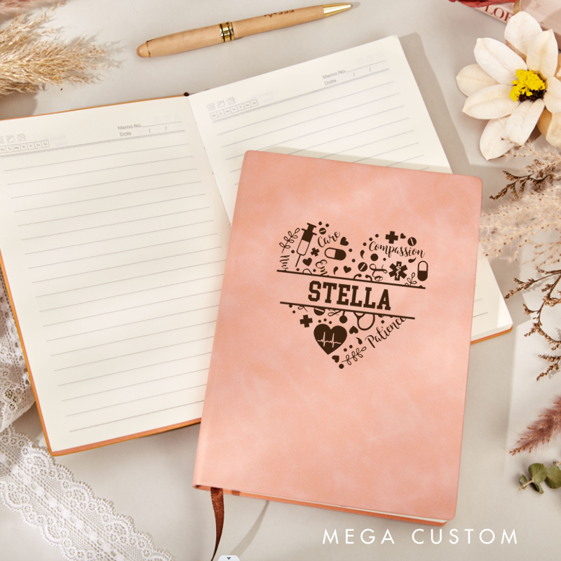 Personalized Leather Notebook for Nurse Heart Shaped Design Filled with Symbols of Healthcare Design Leather Journal Nurse Appreciation Gift