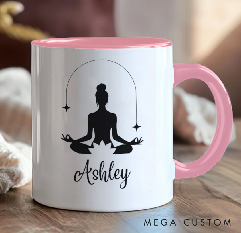 Personalized Yoga Mug Minimalist Meditative Design, Can Custom Name, Perfect Gift for Yoga Enthusiasts & Mindfulness Lovers