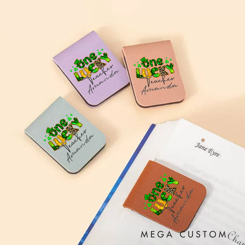 Personalized Teacher Leather Magnetic Bookmark One Lucky Teacher St. Patrick's Day Inspired Design Gift for Teachers