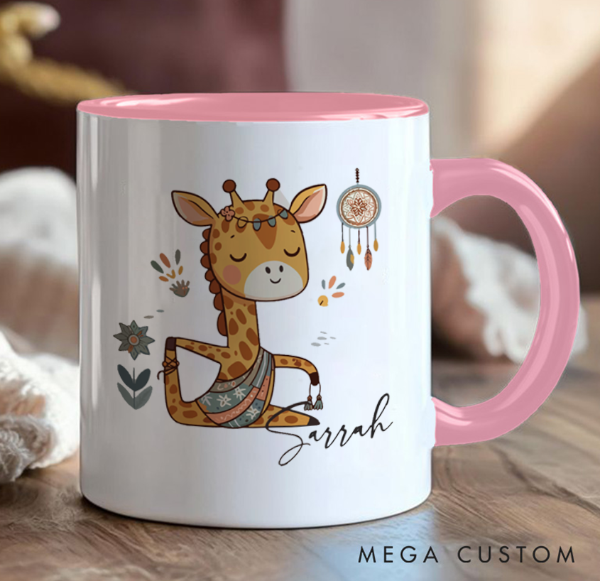 Personalized Yoga Giraffe Mug Cute Meditative Design with Dreamcatcher Can Custom Name Perfect Gift for Animal & Yoga Lovers
