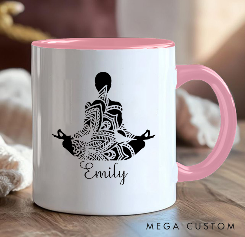 Personalized Yoga Mug Elegant Mandala Meditation Design Custom Name Perfect Gift for Mindfulness & Yoga Enthusiasts