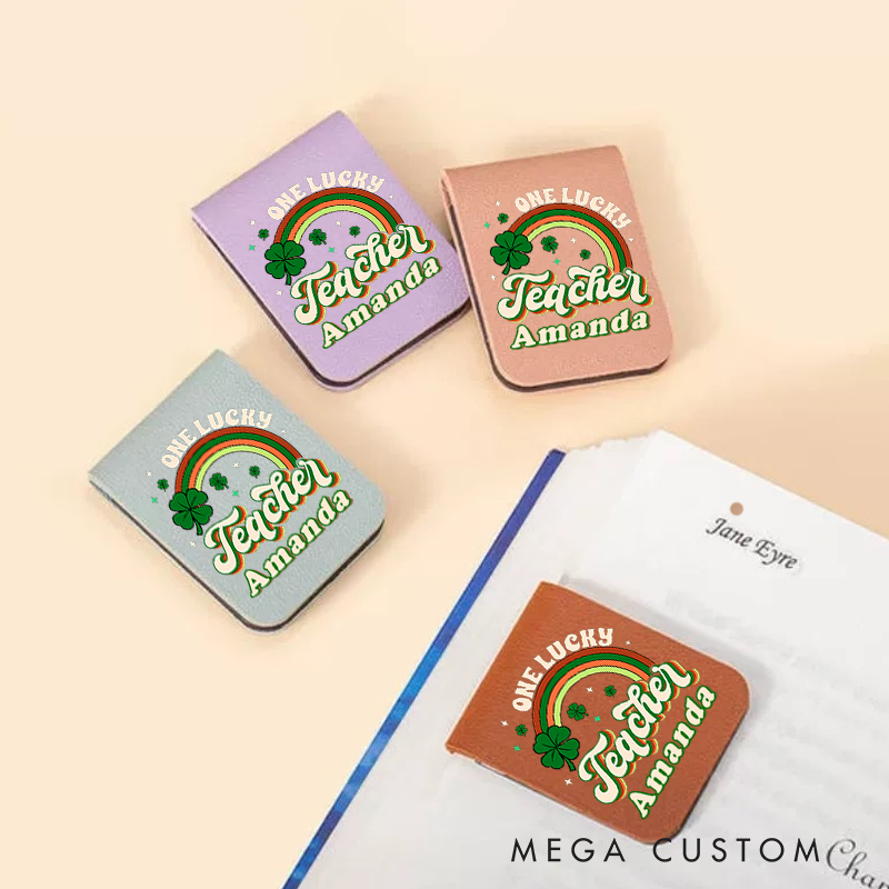 Personalized Teacher Leather Magnetic Bookmark One Lucky Teacher Rainbow and Shamrock Design Gift for Teachers