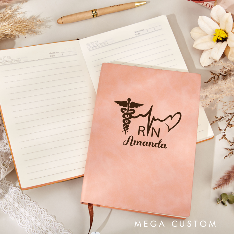 Personalized Leather Notebook for Nurse RN and a Heartbeat Line Leather Journal Nurse Appreciation Gift