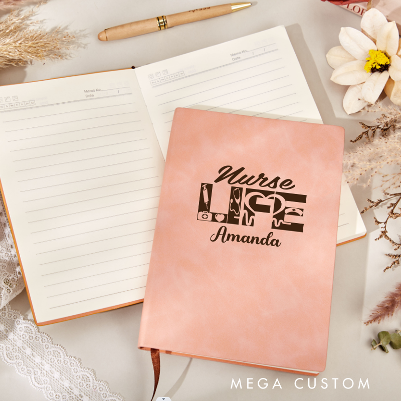 Personalized Leather Notebook for Nurse with Medical Themed Patterns Integrated into the Letters Leather Journal Nurse Appreciation Gift