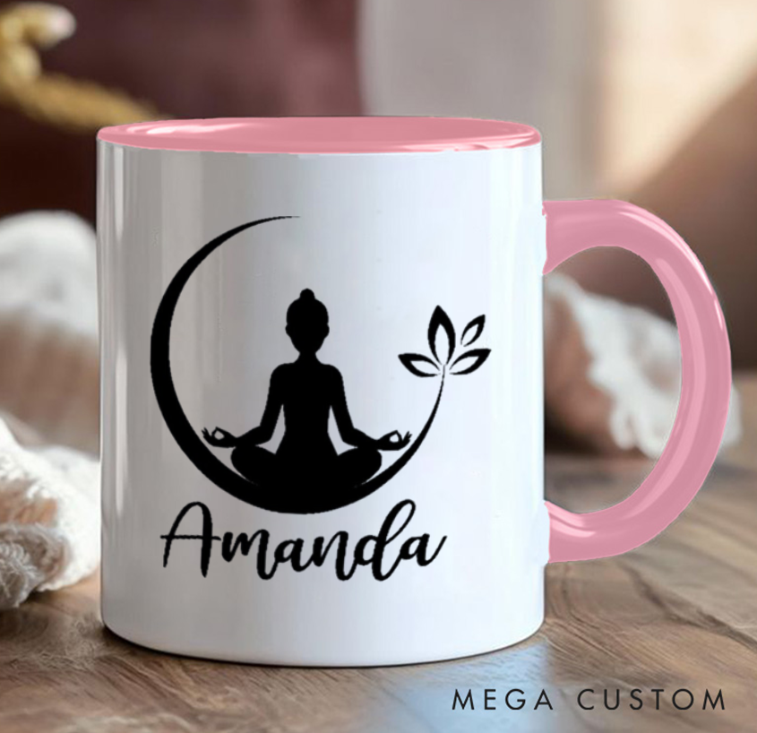 Personalized Yoga Mug Minimalist Meditation Design with Moon & Leaf Custom Name Perfect Gift for Yoga & Mindfulness Lovers