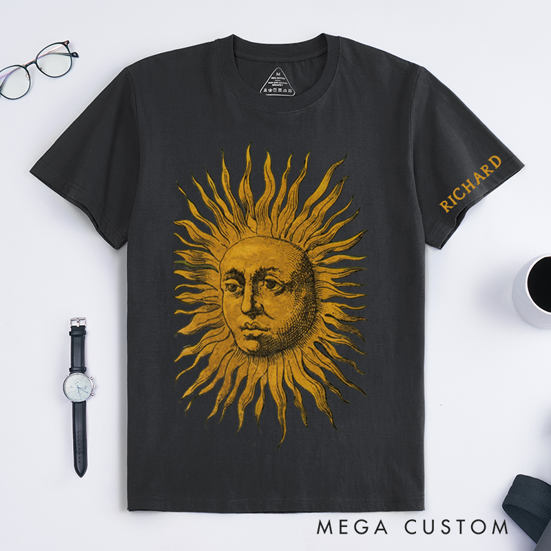 Personalized Sun Face Art Classic T Shirts Custom Vintage Solar Illustration Gift for Him or Her Unique Artistic Unisex Tee