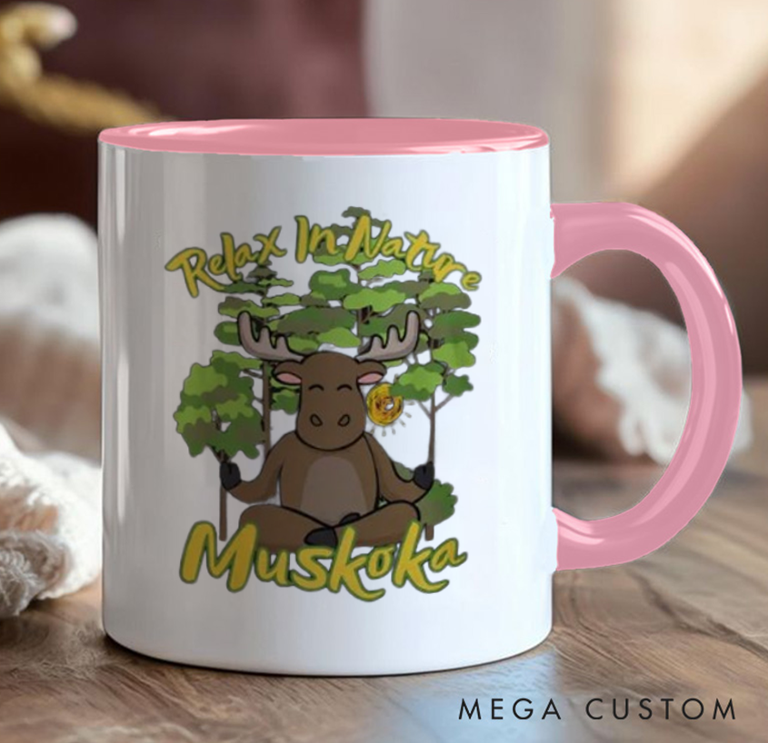 Personalized Yoga Mug with Cute Moose and Forest Design Custom Place Name Perfect Gift for Nature Lovers and Yoga Lovers