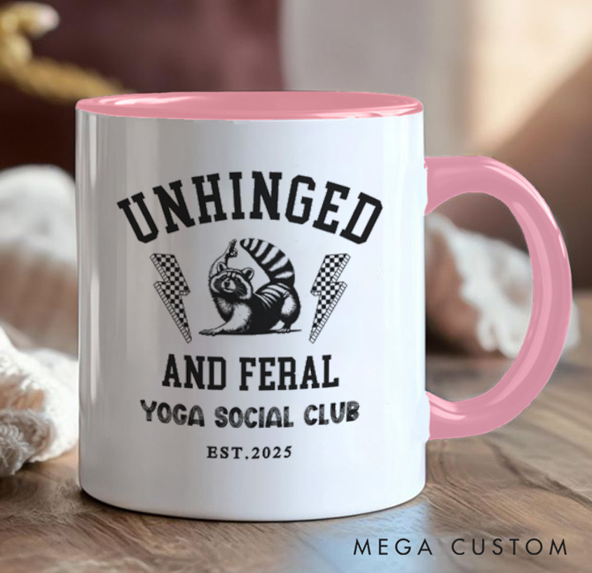 Personalized Yoga Mug with The Words "Crazy Wild Yoga Social Club" Printed on It Funny Raccoon Mug Custom Name Perfect Gift for Yoga Lovers