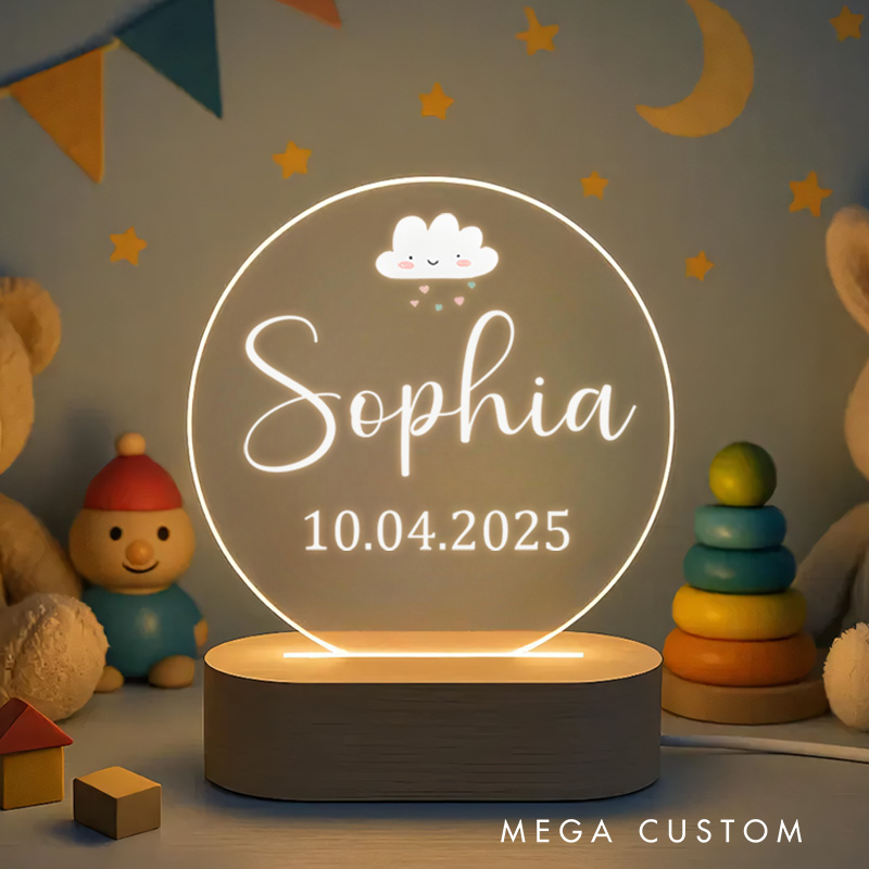 Personalized Name and Date Illustration with Elegant Script for a Charming and Sophisticated Nursery Glow Baby Night Lamp