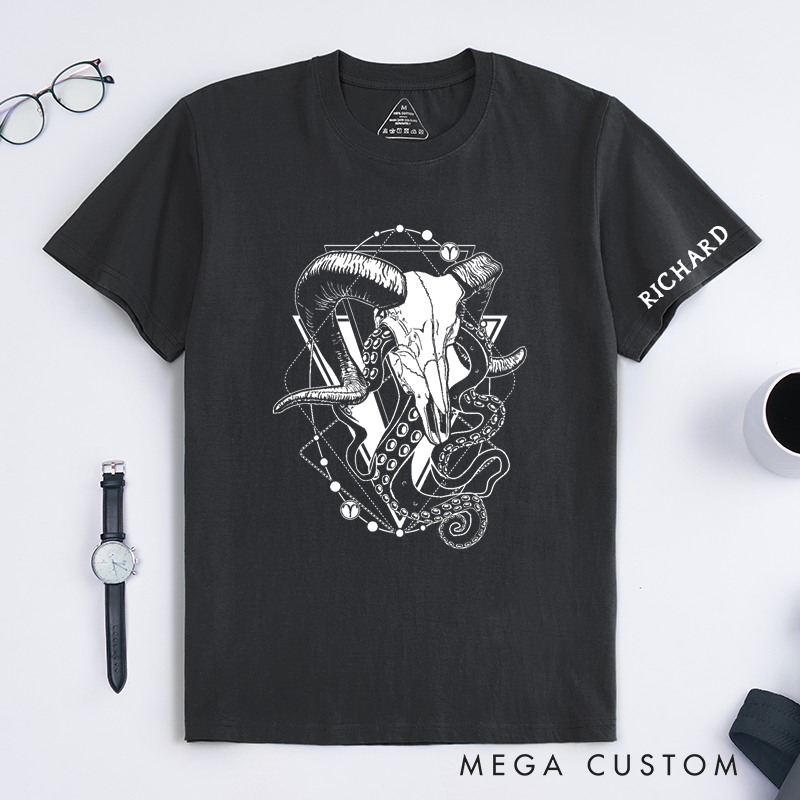 Personalized Ram Skull Tentacle Art Classic T-Shirts Custom Name Gothic Animal Graphic Unisex T-Shirt Unique Birthday Gift for Men Women Friends