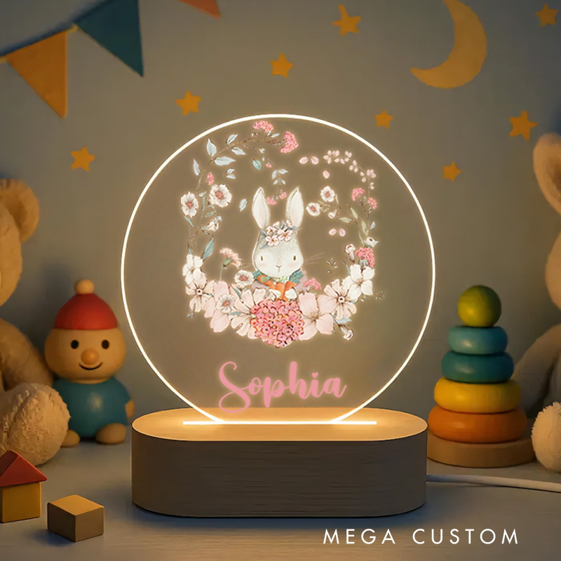 Personalized Bunny Illustration with Floral Wreath and Name for a Whimsical and Sweet Nursery Accent Baby Night Lamp
