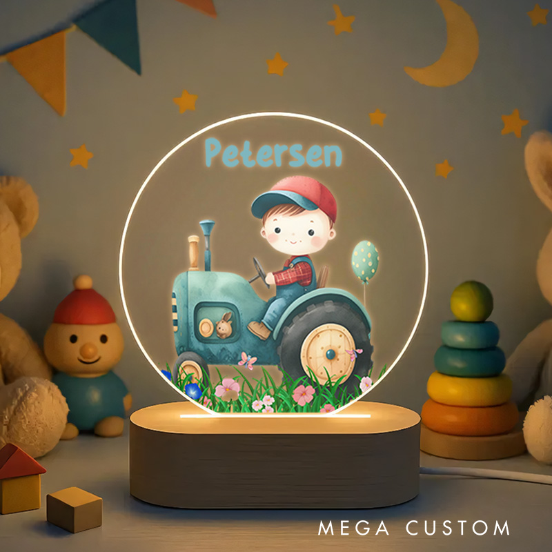 Personalized Farmer Boy Illustration with Name and Tractor Accents for a Playful and Cheerful Nursery Decoration Baby Night Lamp