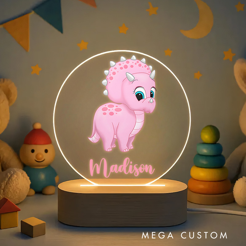 Personalized Pink Dinosaur Illustration Featuring Name for a Cute and Playful Nursery Accent Baby Night Lamp