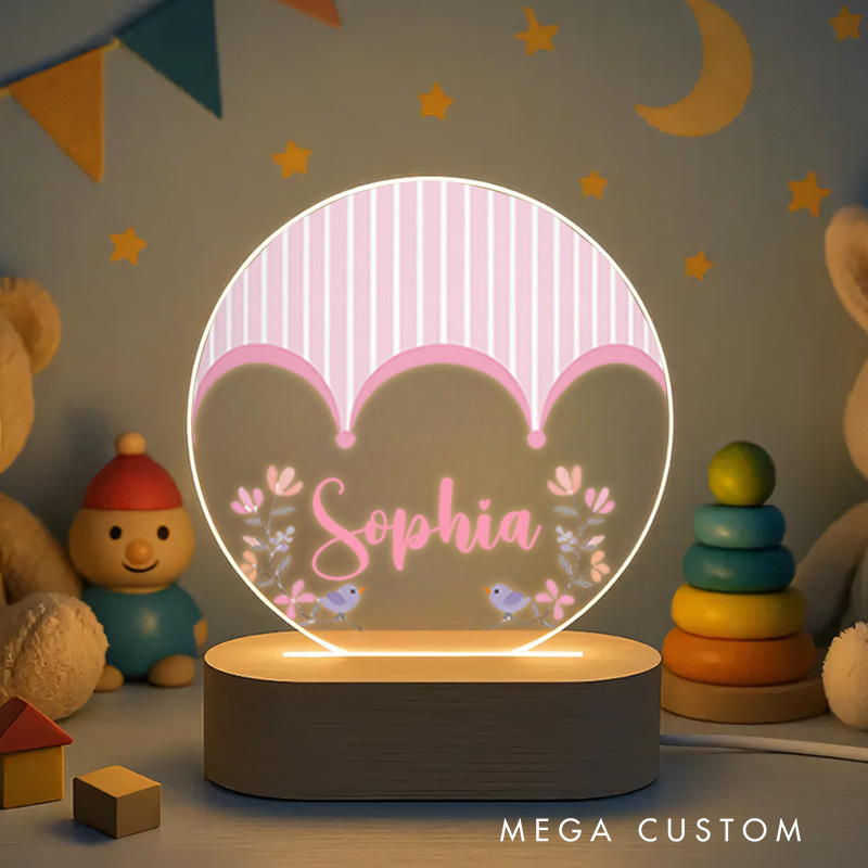Personalized Elegant Name Illustration with Striped Background and Floral Accents for a Sophisticated Nursery Glow Baby Night Lamp