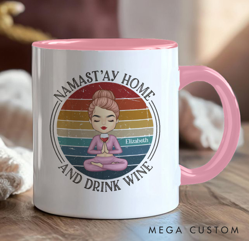 Personalized Yoga Mug Funny "Namast'ay Home and Drink Wine" Design with Retro Style Custom Name Perfect Gift for Yoga and Wine Lovers