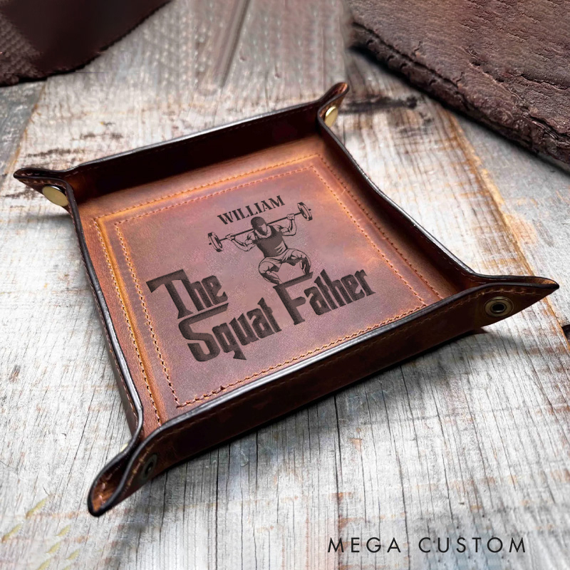 Personalized Squat Father Leather Tray Organizer Monogrammed Home Decor Catchall Tray Gifts for Him Fitness Enthusiasts