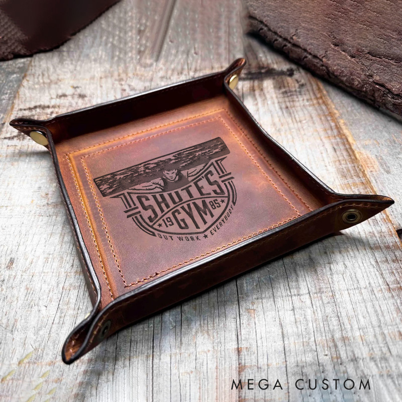 Personalized Vintage Gym Logo Leather Tray Organizer Monogrammed Home Decor Catchall Tray Gifts for Him Fitness Enthusiasts