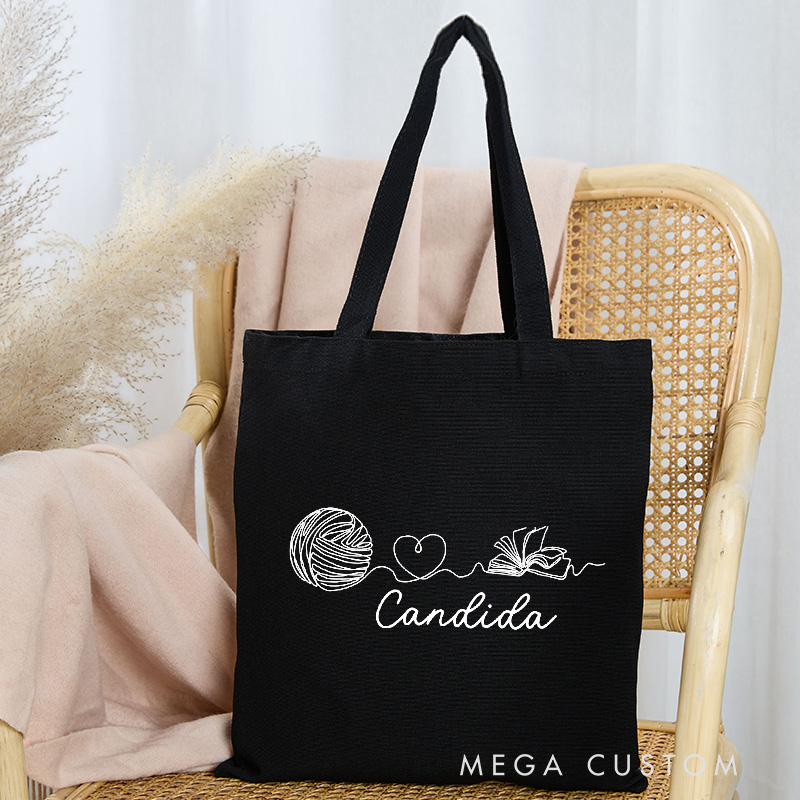 Personalized Yarn And Book Tote Bag Bookish Bag Crocheter Bag Knitter Bag Yarn Lover Gift for Knitting Lover Gift Reading Lover Gift