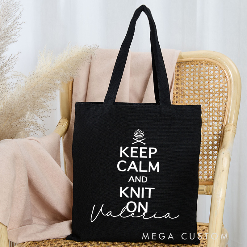 Personalized Keep Calm And Knit On Tote Bag Knitter Bag with Name Yarn Lover Bag for Knitting Lover Gift for Knitter
