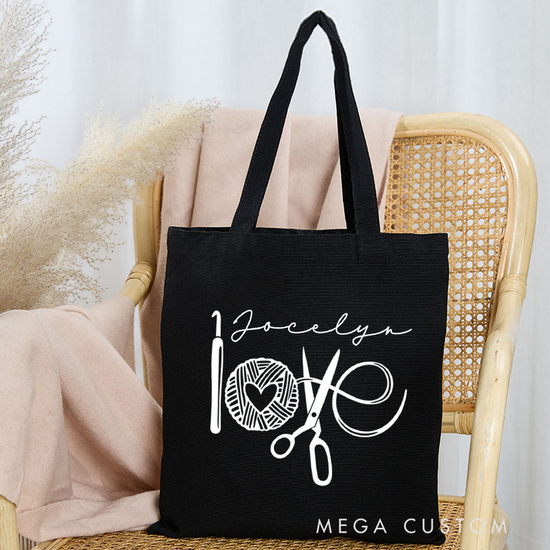 Personalized Crochet Love Tote Bag Knitter Canvas Bag with Name Yarn Lover Bag for Knitting Lover Gift Crocheting Lover Gift