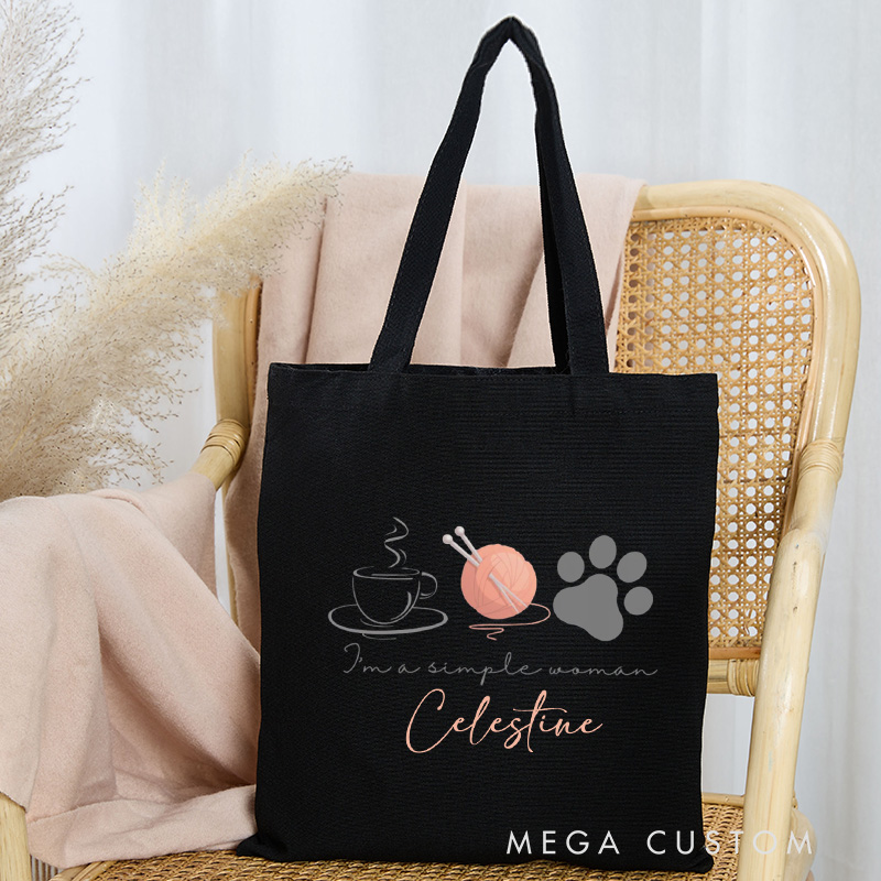 Personalized I'm A Simple Women Tote Bag Coffee Yarn Dogs Bag Canvas Crocheter Bag with Name Yarn Lover Gift Knitting Gift Crocheting Gift