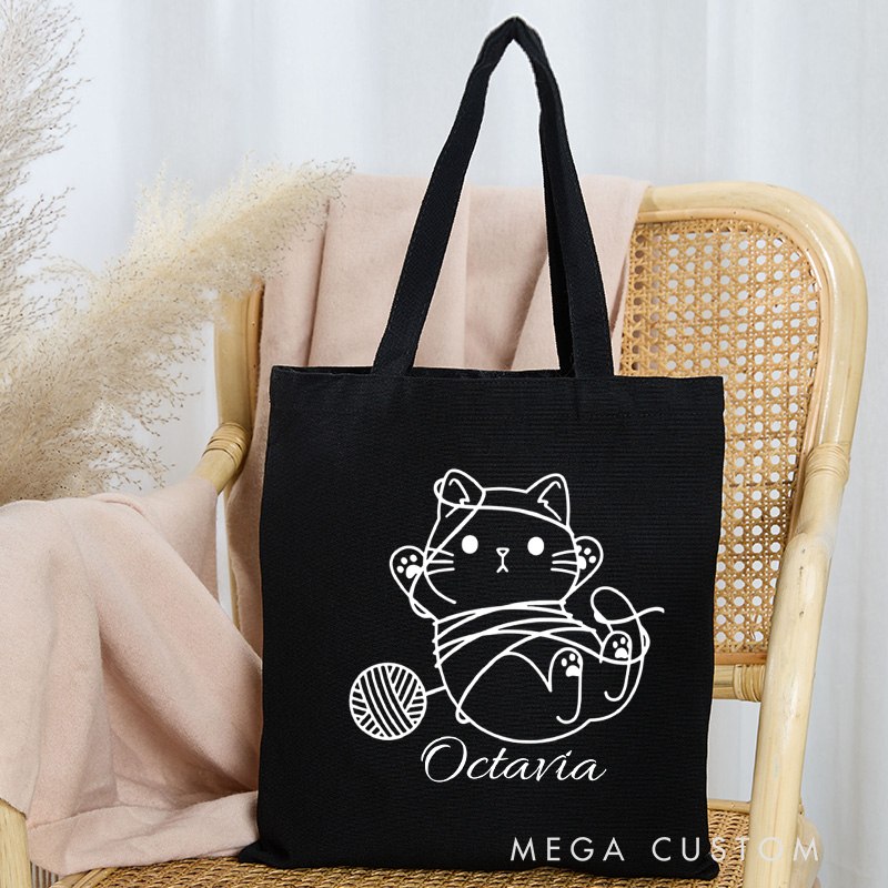 Personalized Cat Knitting Tote Bag Canvas Yarning Bag Crochet Lover Bag with Name Yarn Lover Gift Knitting Gift Crocheting Gift