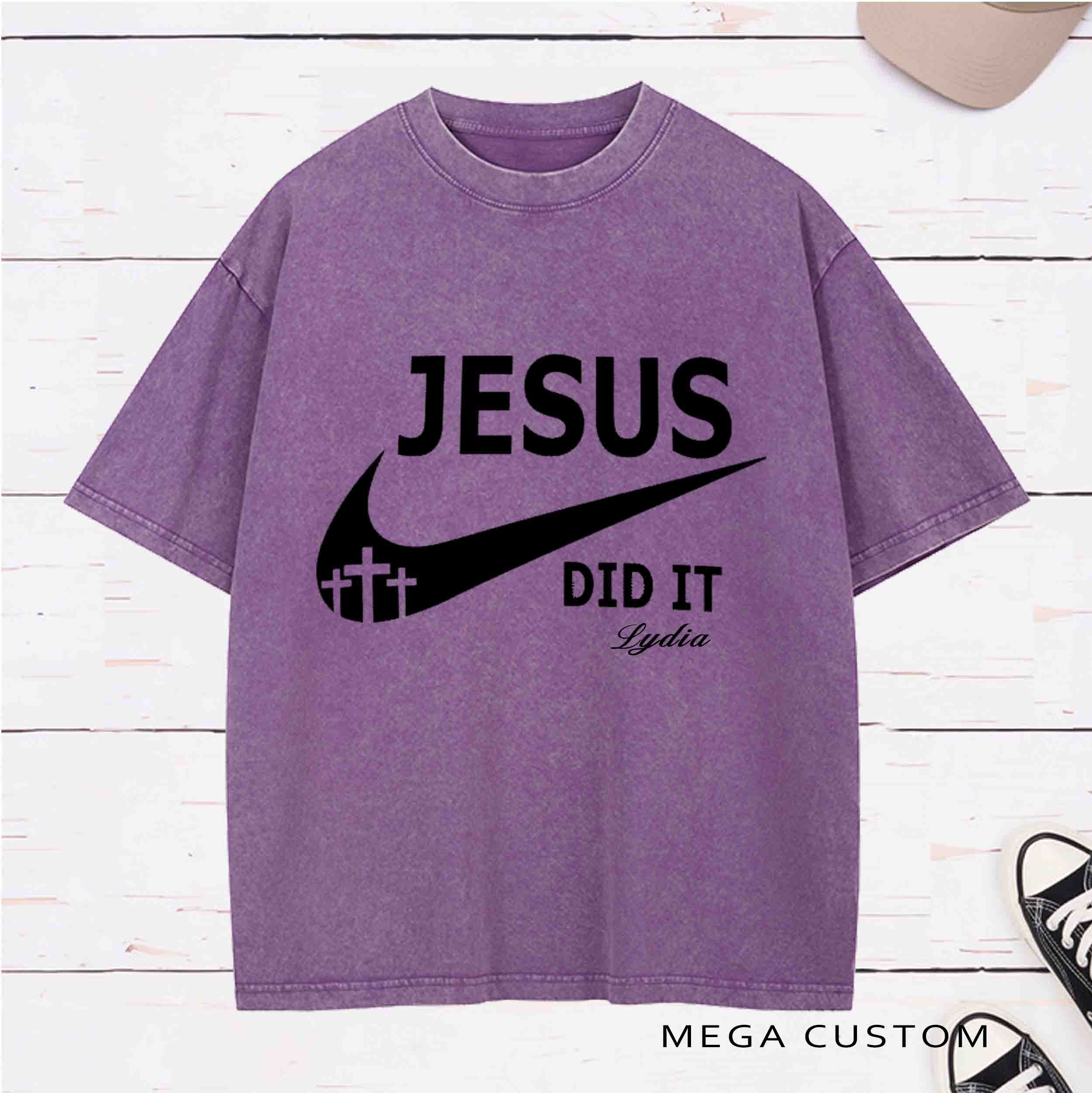Personlized Character Bible Verse Jesus Did It and Christian Cross Printed Washed T-Shirt with Name Birthday Baptism Gift for Christian   