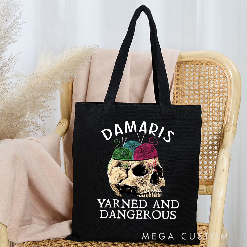 Personalized Yarned and Dangerous Tote Bag Skeleton Bag with Name Canvas Yarning Bag for Knitting Lover Gift Crocheting Lover Gift