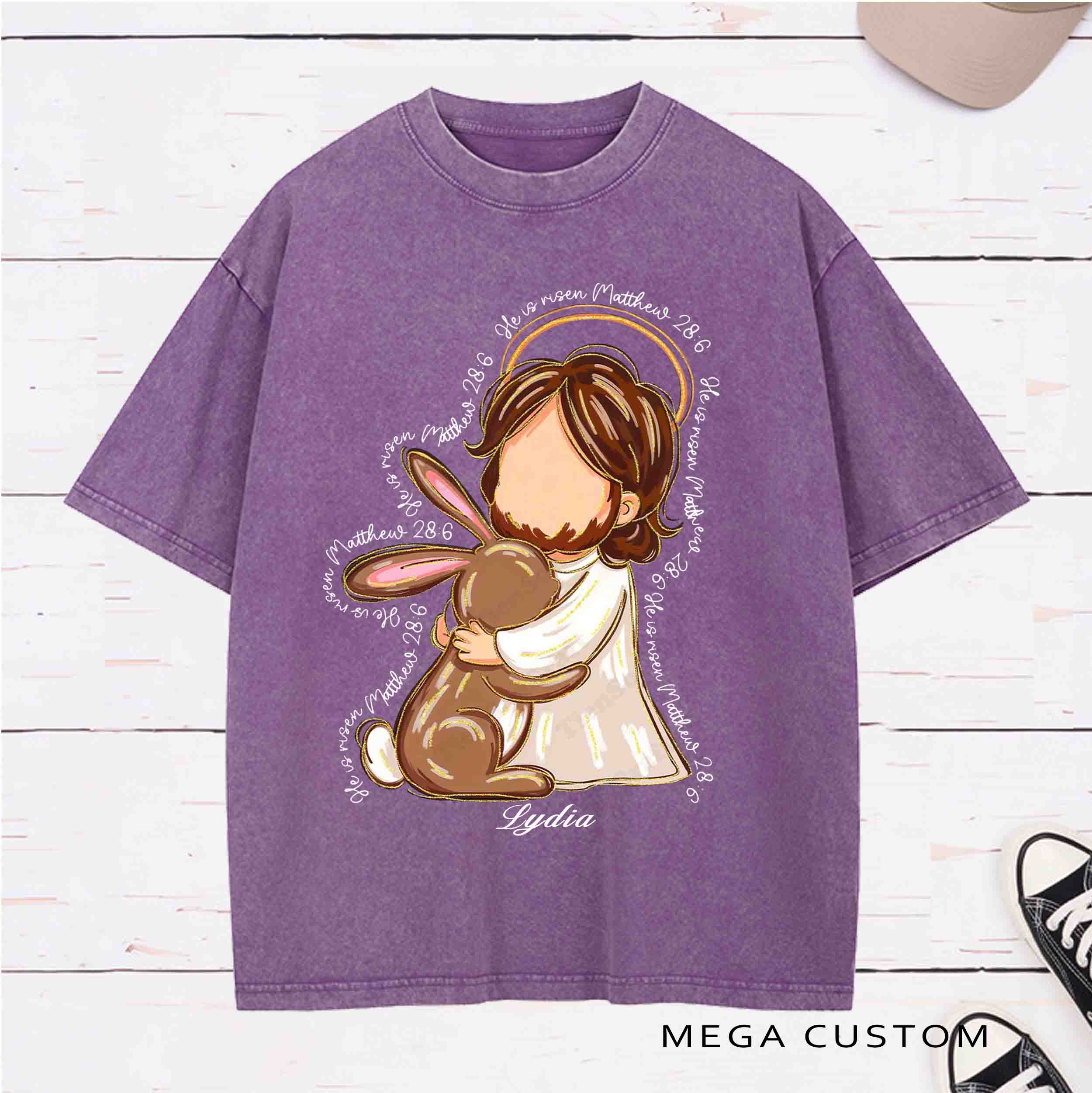 Personalized Character He Is Risen Washed T-Shirt with Name Birthday Easter Gift for Christian