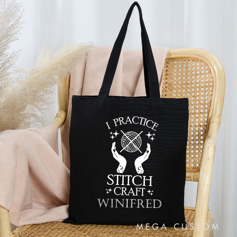 Personalized I Practice Stitch Craft Tote Bag Yarning Canvas Bag Crochet Lover Bag with Name Yarn Lover Gift Knitting Gift Crocheting Gift