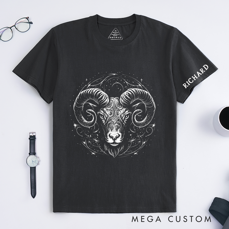 Personalized Ram Zodiac Classic T-Shirts Custom Cosmic Ram Star Sign Gift for Astrology Lovers Unisex Aries Birthday Present 