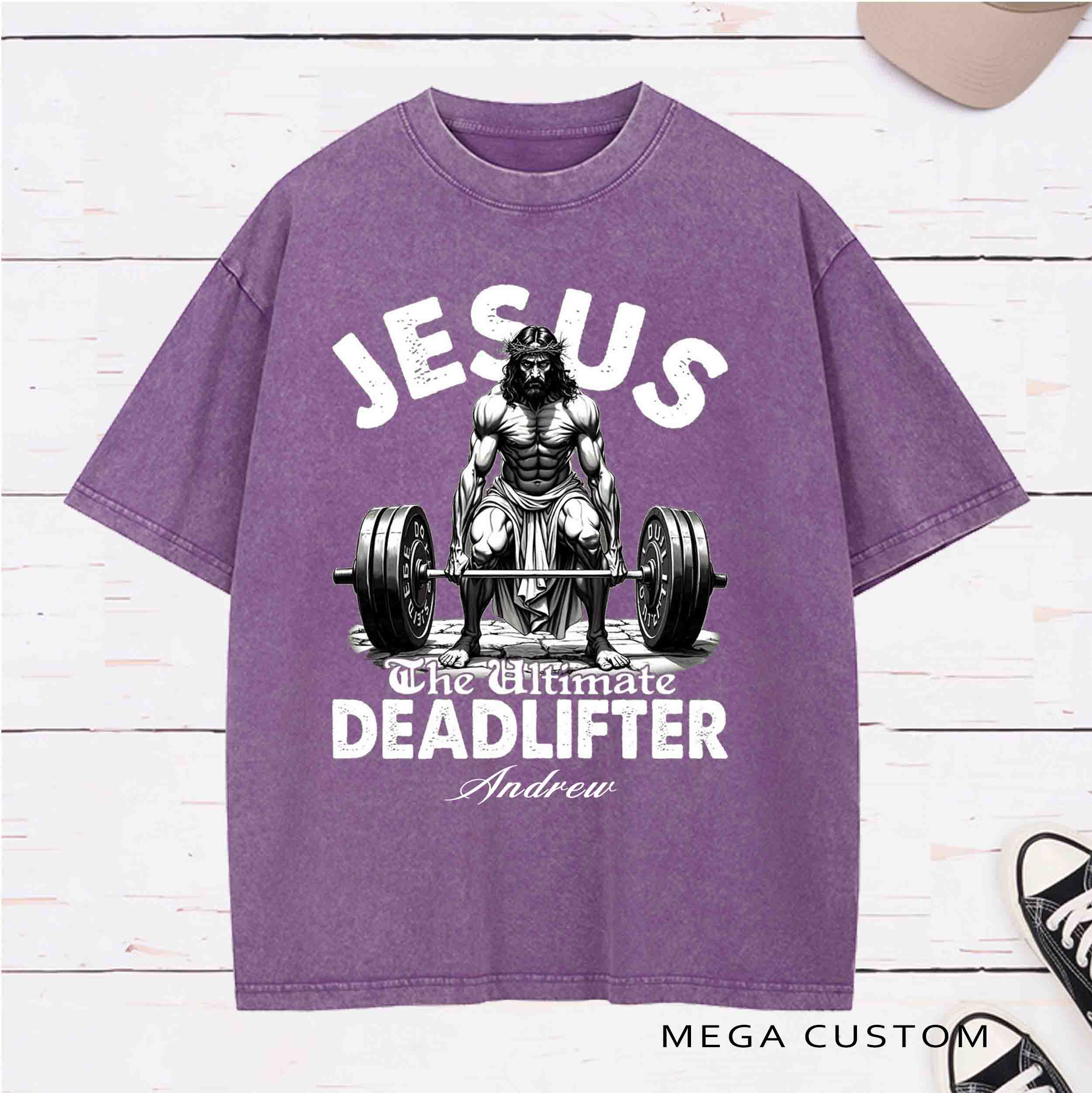 Personalized Character Jesus The Ultimate Deadlifter Washed T-Shirt with Name Birthday Easter Gift for Christian
