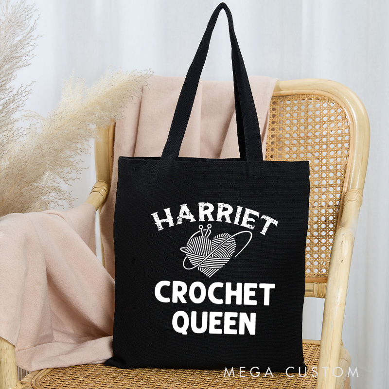 Personalized Crochet Queen Tote Bag Yarning Canvas Bag Custom Crochet Lover Bag with Name Yarn Lover Gift Crocheting Gift