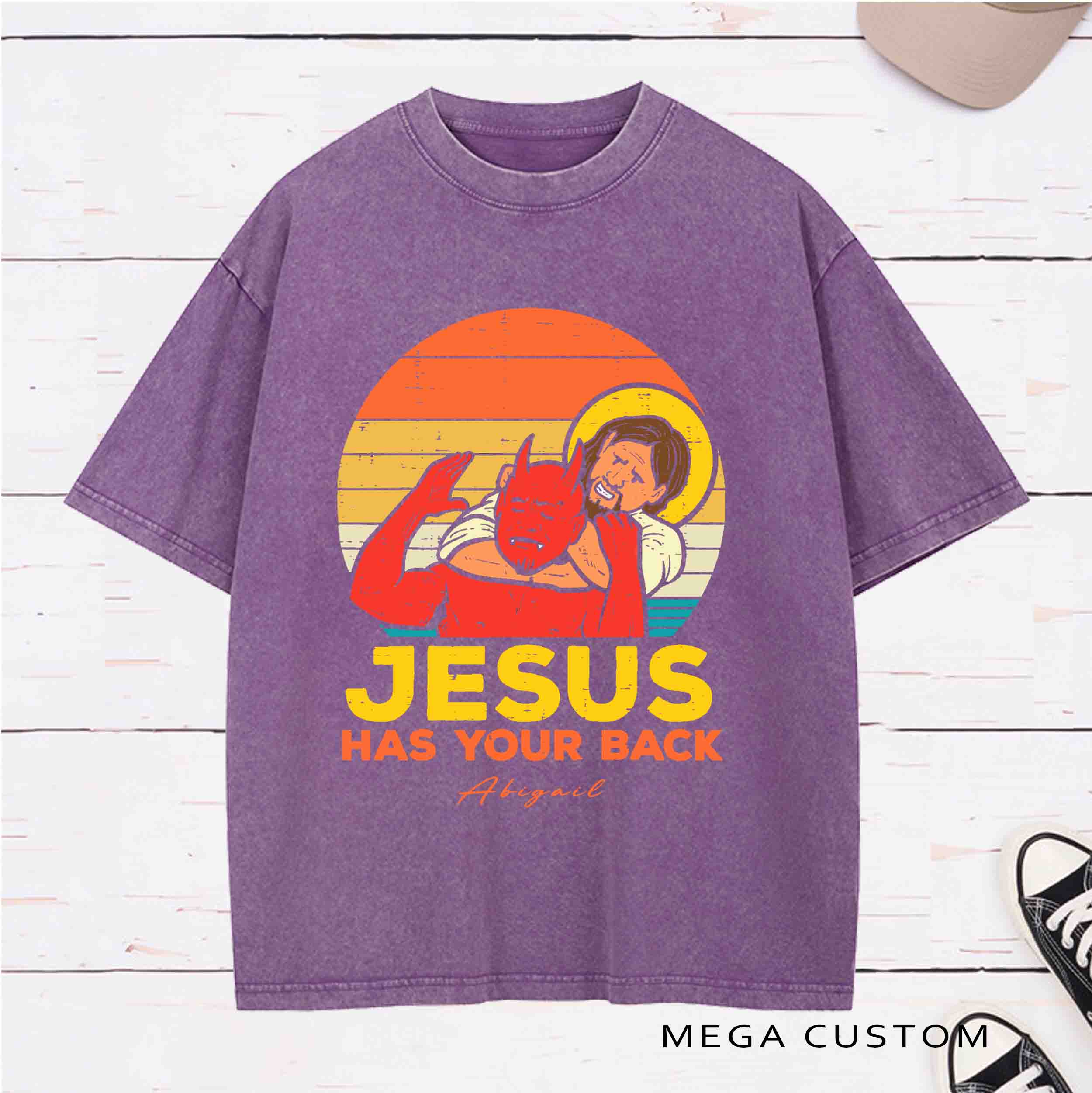 Personalized Character Jesus Has Your Back Washed T-Shirt with Name Birthday Easter Gift for Christian