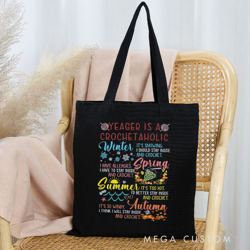 Personalized Seasonal Crochetaholic Tote Bag Custom Canvas Bag Crochet Lover Bag with Name Crocheting Lover Gift