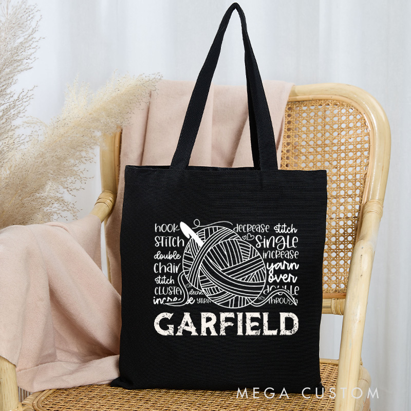 Personalized Crochet Typography Tote Bag Yarning Bag Custom Canvas Bag with Name Crochet Lover Bag Yarn Lover Gift Knitting Gift Crocheting Gift