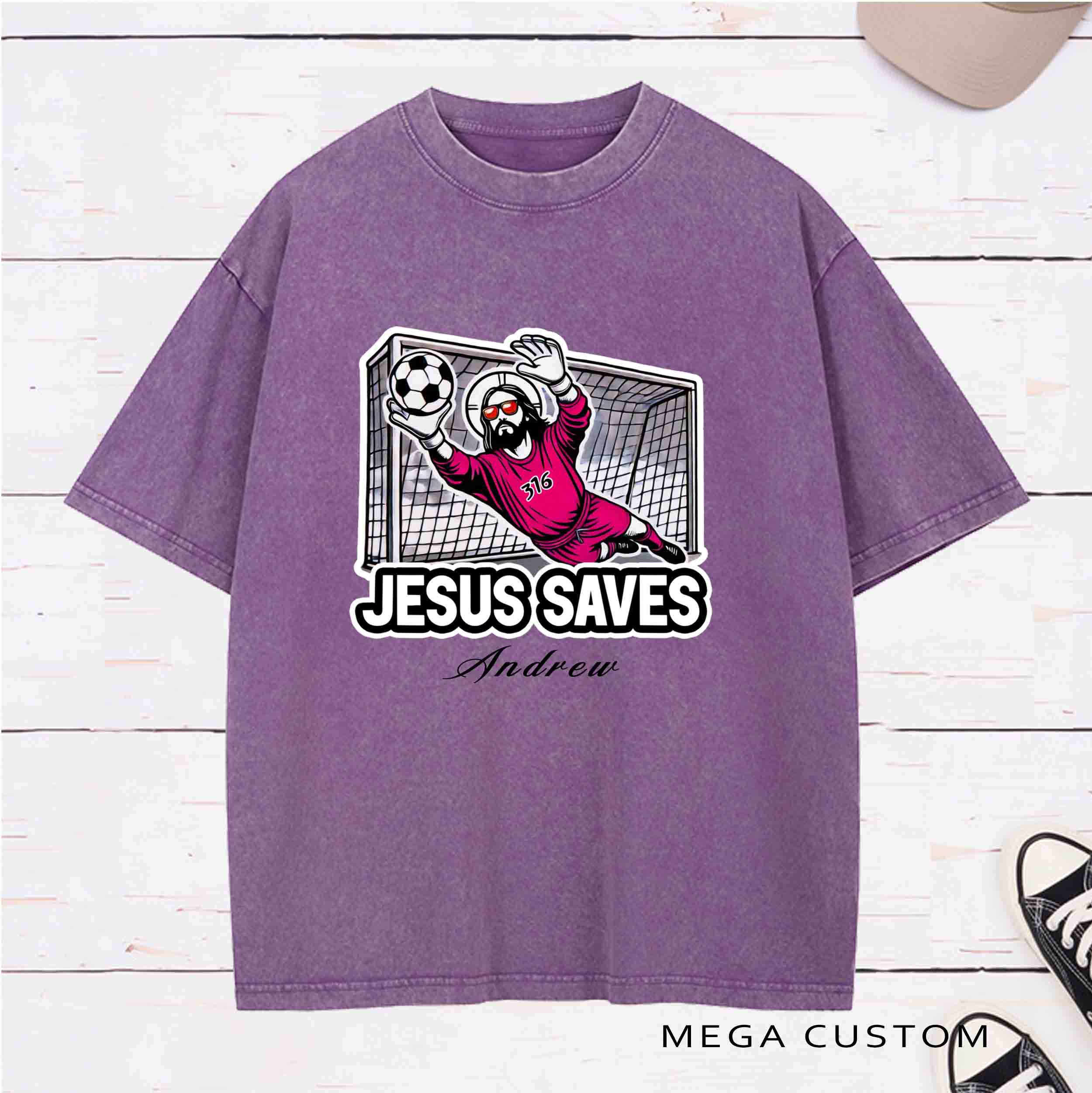 Personalized Character Jesus Saves Washed T-Shirt with Name Birthday Easter Gift for Christian