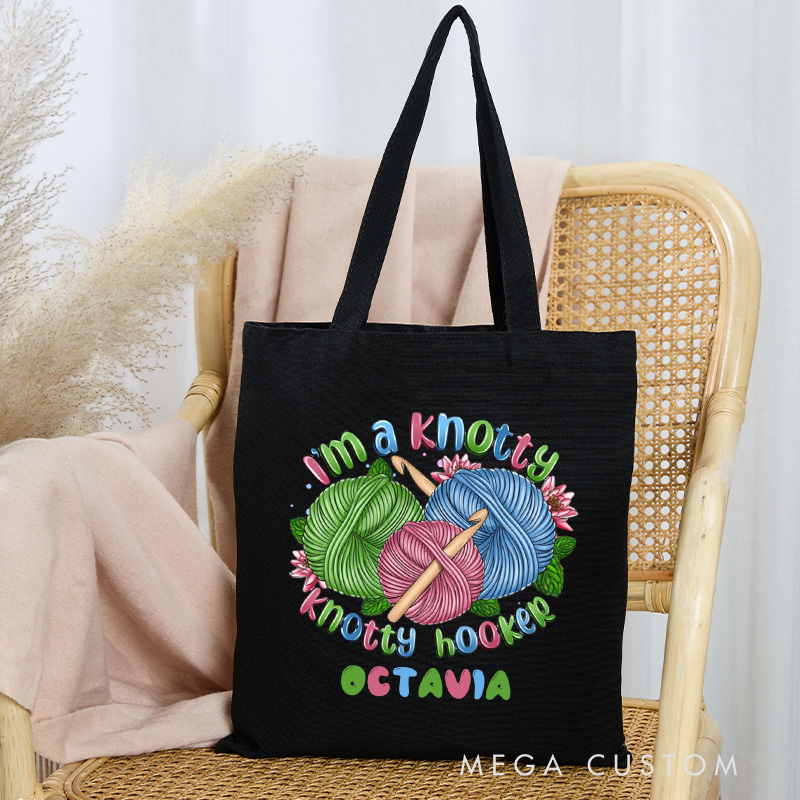 Personalized I’m A Knotty Hooker Crochet Tote Bag Canvas Crochet Lover Bag Yarn Lover Gift Knitting Lover Gift Crocheting Lover Gift