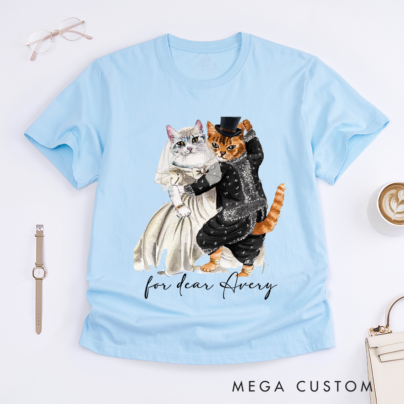 Personalized Wedding Cats Dancing T-Shirt Custom Name Cat Couple Bride and Groom Illustration Gift for Dance Lovers Unique Anniversary Present