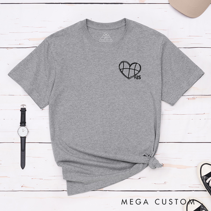 Personalized Basketball Heart T-Shirt with Custom Jersey Number Design
