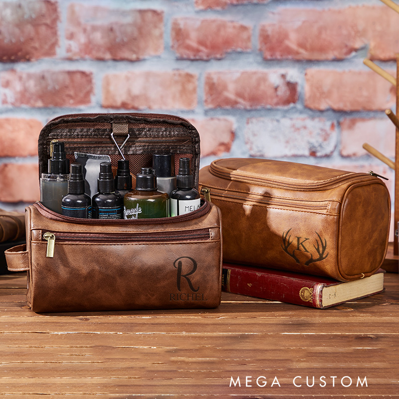 Personalized Men's Leather Toiletry Bag  Engraved Dopp Kit  Anniversary Gift for Him