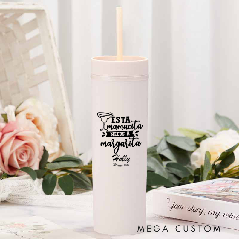 Personalized Esta Mamacita Needs a Margarita Skinny Tumbler Beach Vacation Gift for Traveling Lovers Custom Gift for Travel Lovers