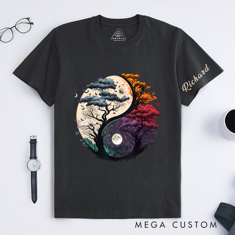 Personalized Yin Yang Tree T-Shirt Classic Custom Nature Art Unisex Gift Unique Day and Night Forest Tee for Men Women Couples Friends Family Birthday