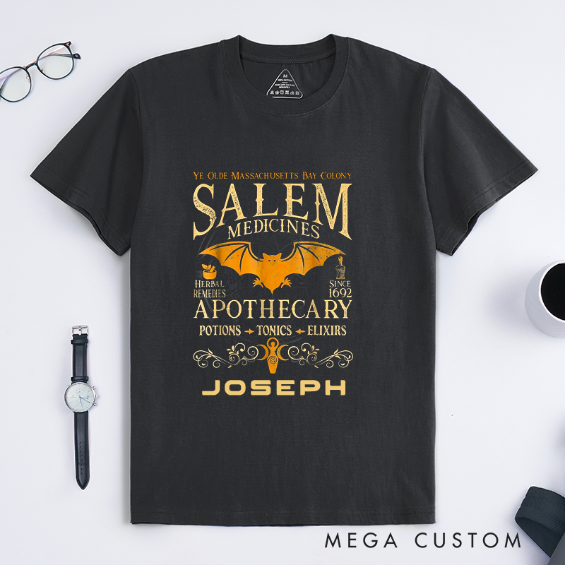 Personalized Salem Apothecary Classic T-Shirts Vintage Witchcraft Herbal Remedies Potions Elixirs Halloween Gifts Custom Name Unisex