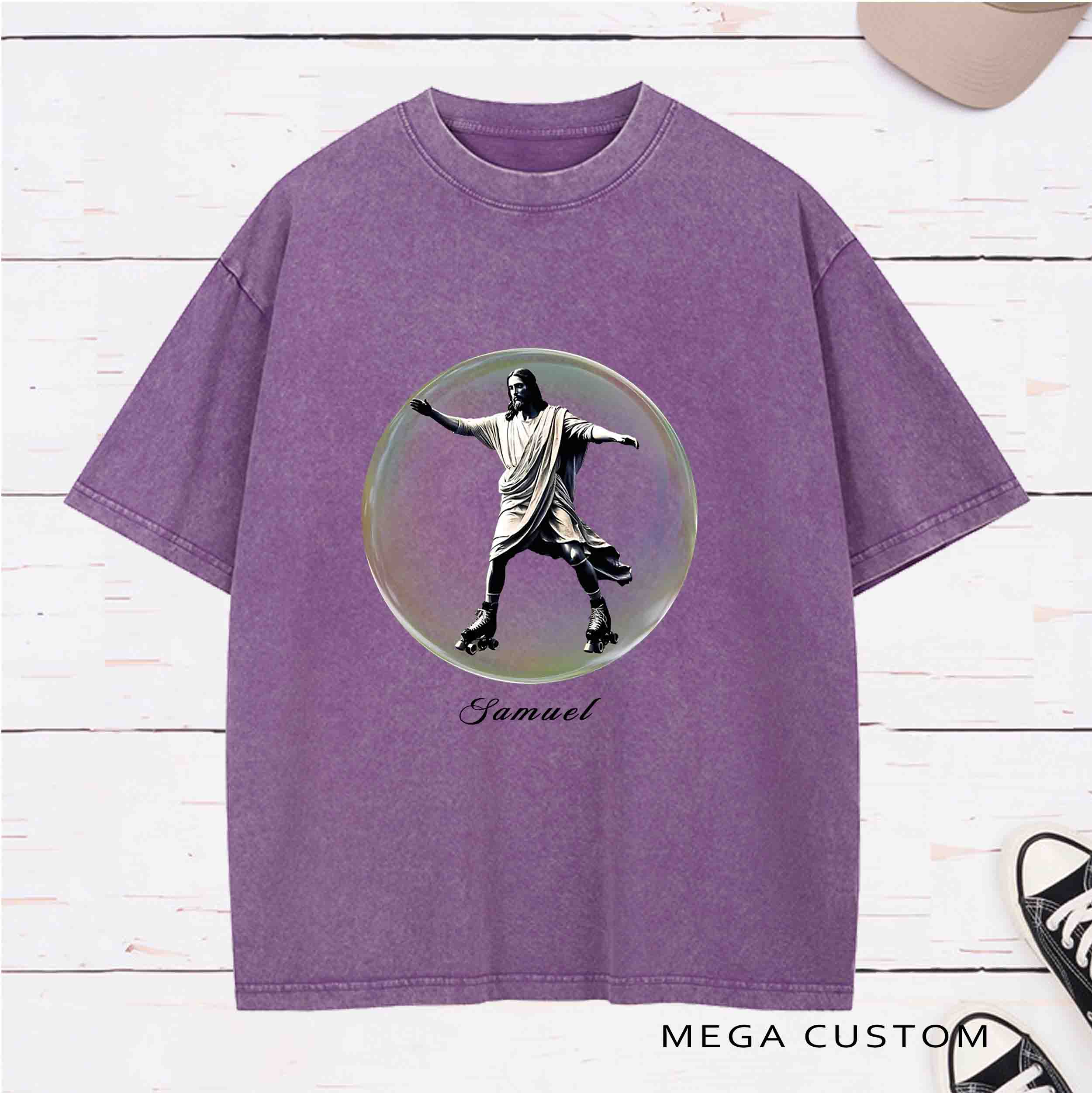 Personalized Character Jesus learning to rollerskate Washed T-Shirt with Name Birthday Easter Gift for Christian