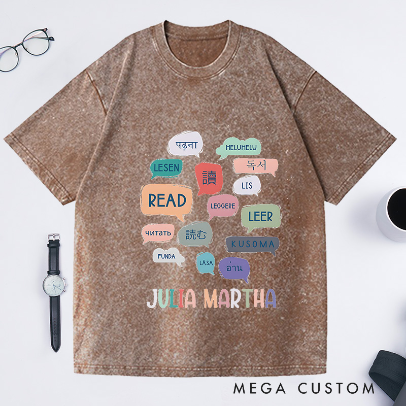 Personalized Reading World Languages Washed T-Shirts Library Professional Tee Book Lover Gift Reading Fans Shirt