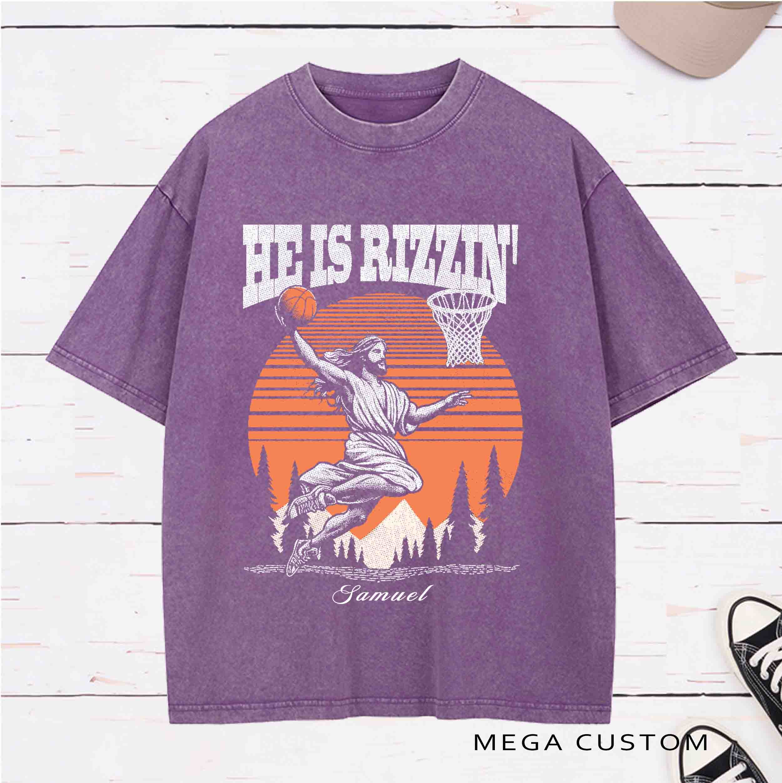 Personalized Character He Is Rizzen Jesus basketball Washed T-Shirt  with Name Birthday Easter Gift for Christian 