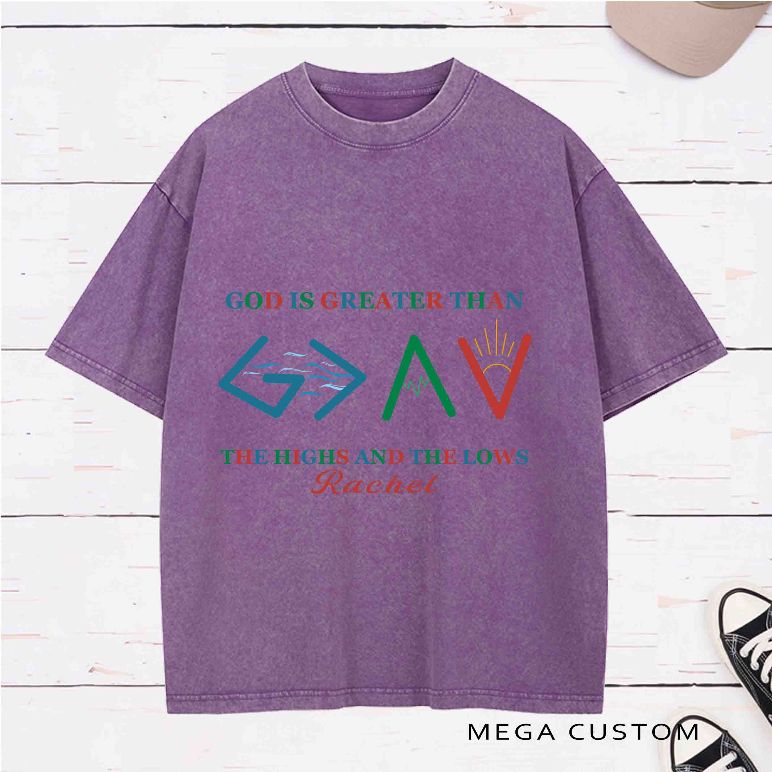 Personalized Character Bible Verse God Is Greater Than the Highs and The Lows Washed T-Shirt with Name Birthday Easter Gift for Christian