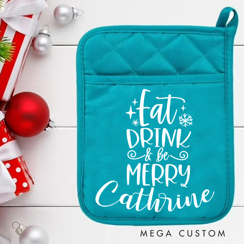 Personalized Eat Drink and Be Merry Pot Holders Custom Snowflake Potholder with Name Christmas Gift Baking Lovers Gift Baker Gift