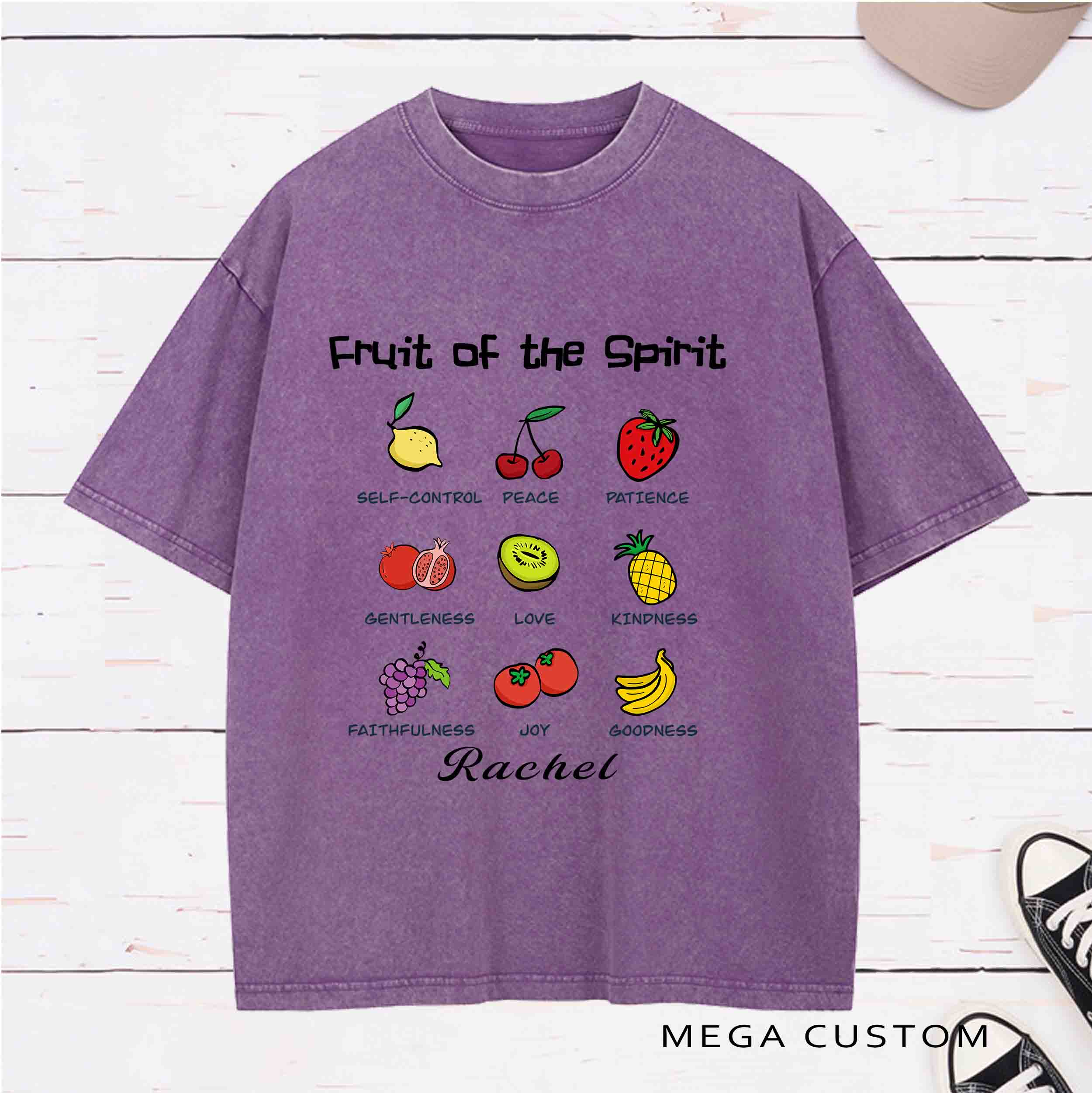 Personalized Character Fruit of the Spirit Washed T-Shirt with Name Birthday Easter Gift for Christian